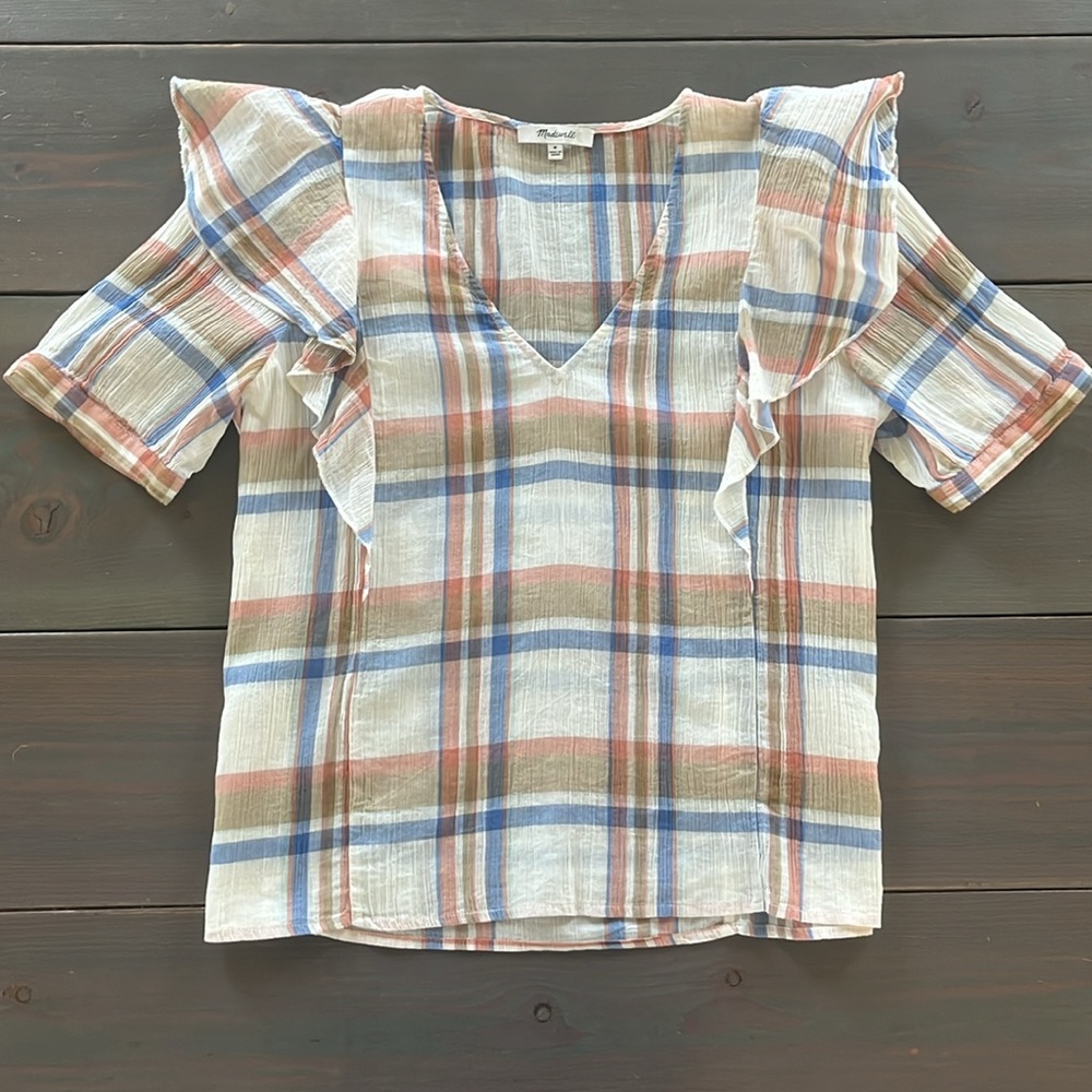 Madewell V-Neck Shoulder-Ruffle Plaid Top Size M